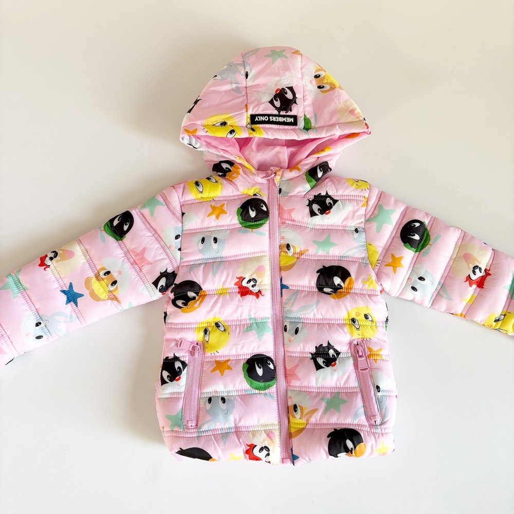Members Only Girls Looney Tunes Pink Character Print Puffer Jacket Size 3T